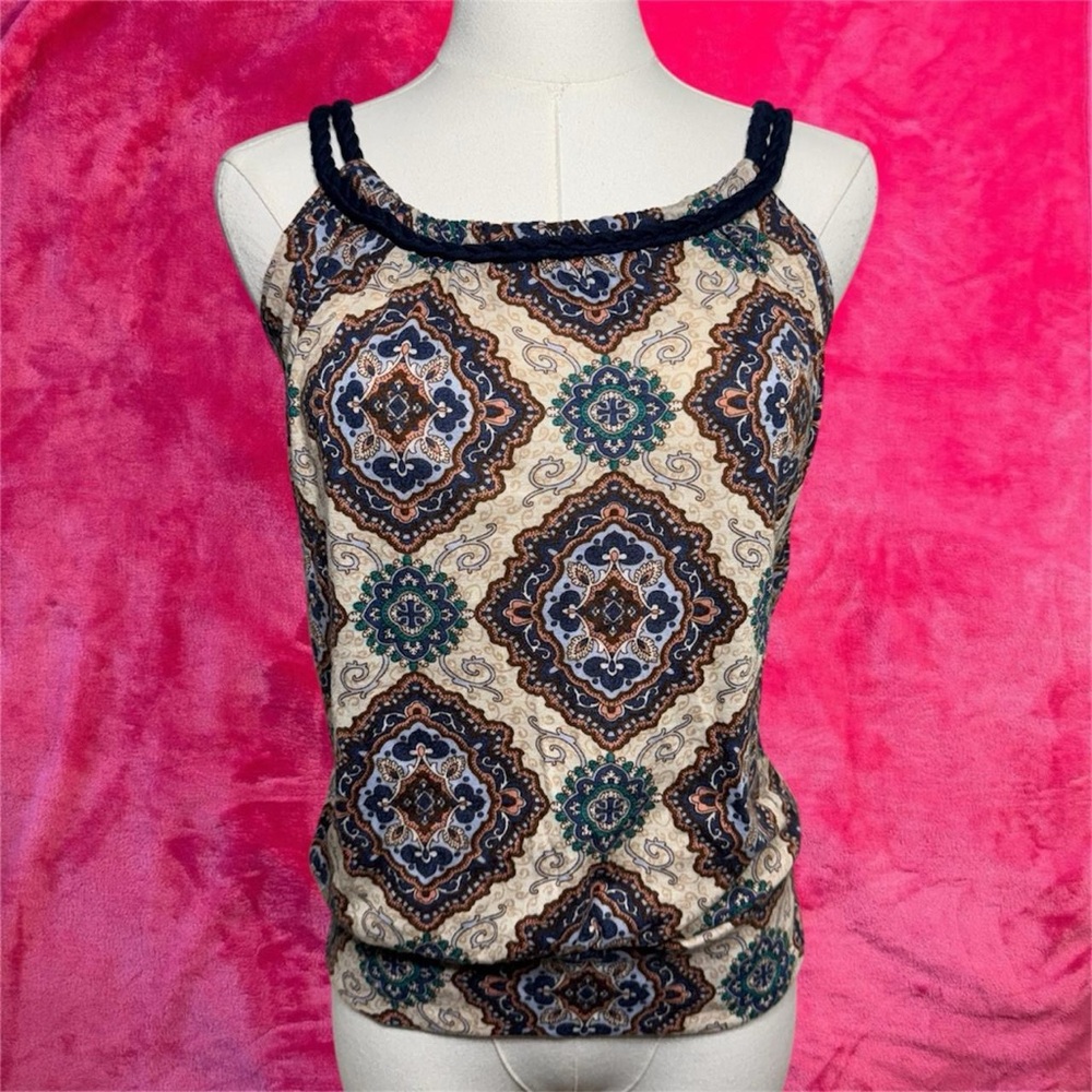 Robin K Printed Halter Camisole in Cream, Navy & Brown